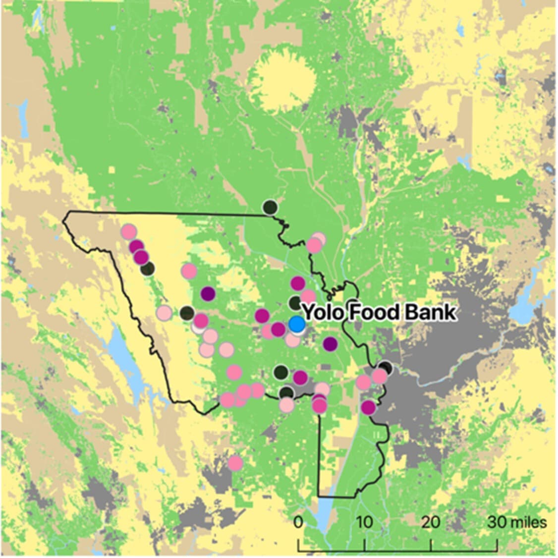 Map of Yolo County, California with land-use, Yolo Food bank, and food bank donor donations by pounds of food donated